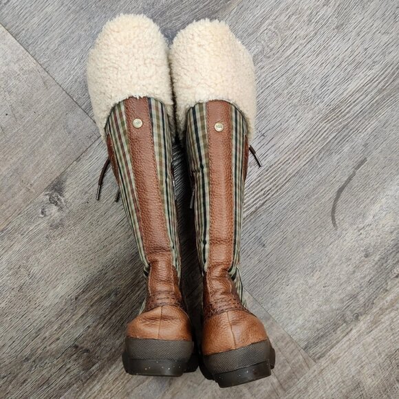 UGG Edmonton Tall Boots 3226 Green Plaid Brown Leather Sheepskin Shearling 7 - Picture 11 of 16